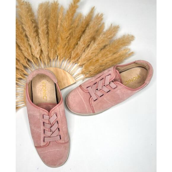 Vionic Jean Pink Suede Sneakers Size 6 Casual Comfort Shoes Elastic Lace Slip On - Picture 1 of 7